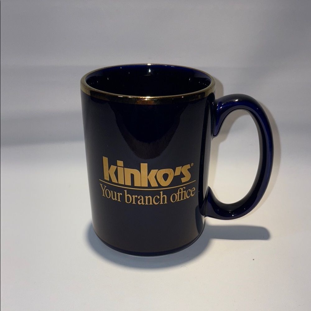 Vintage dark blue and gold Kinko’s coffee mug